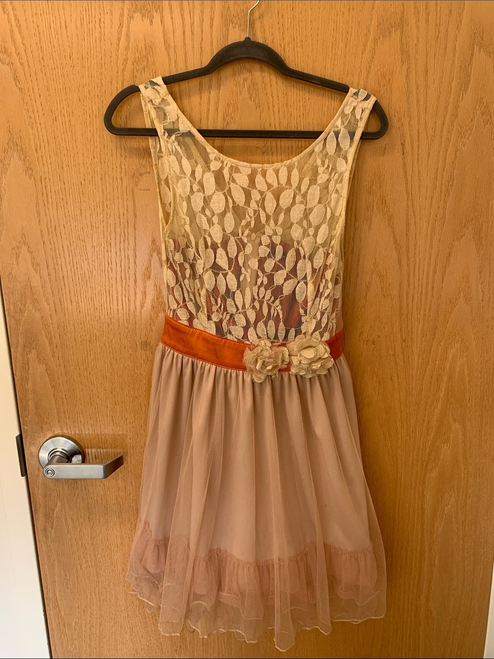 Ryu Cream Lace Dress with Peach Tulle and Orange Sash Size Small AS IS ModCloth